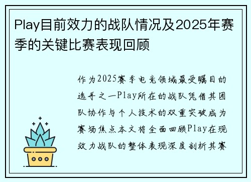 Play目前效力的战队情况及2025年赛季的关键比赛表现回顾